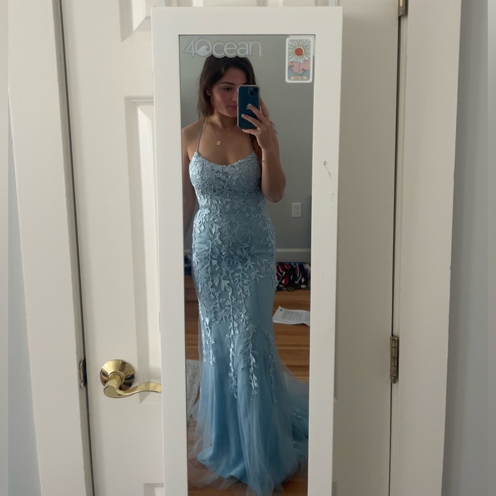 Mermaid Blue Long Prom Dress Backless Evening Dress